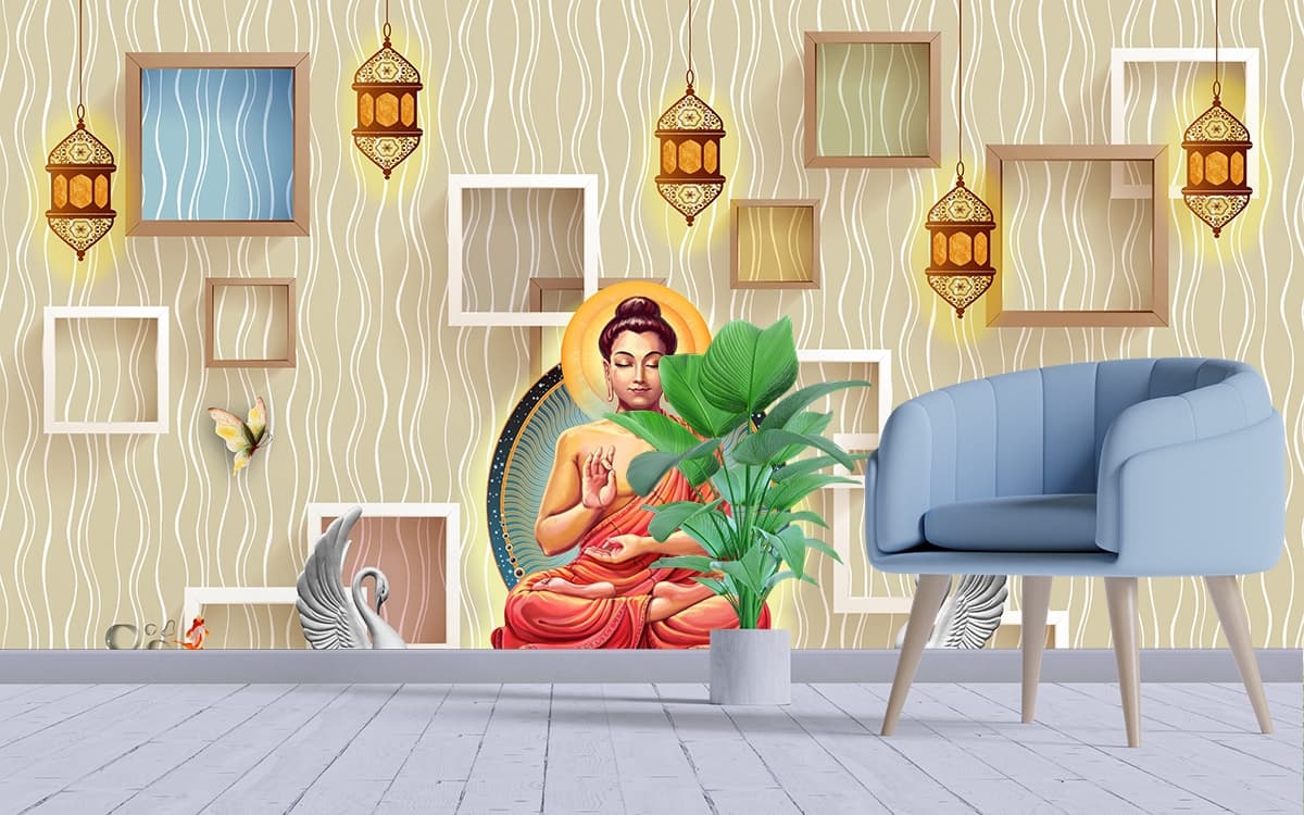 Luxury Lotus Meditation Scene with Swans Wallpaper shown in a room