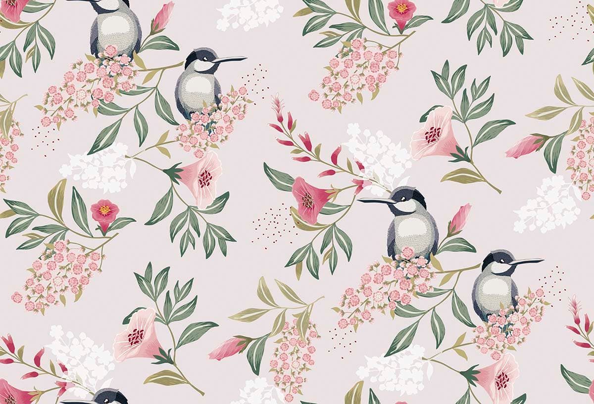 Classic Birds and Flowers Print Wallpaper pattern detail