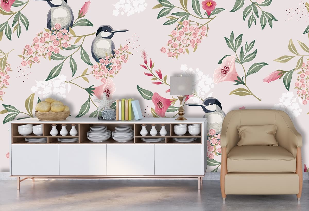 Classic Birds and Flowers Print Wallpaper shown in a room
