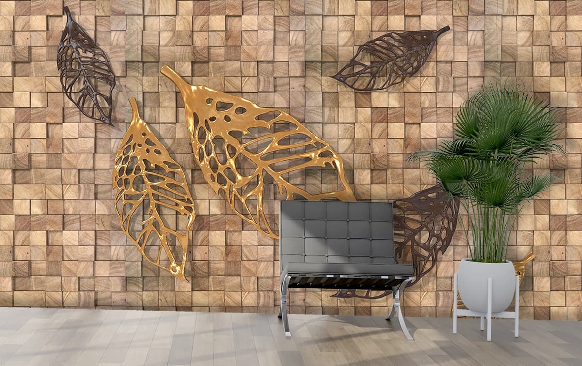 Gold and Black Leaves Tile Surface Design wallpaper shown in a room