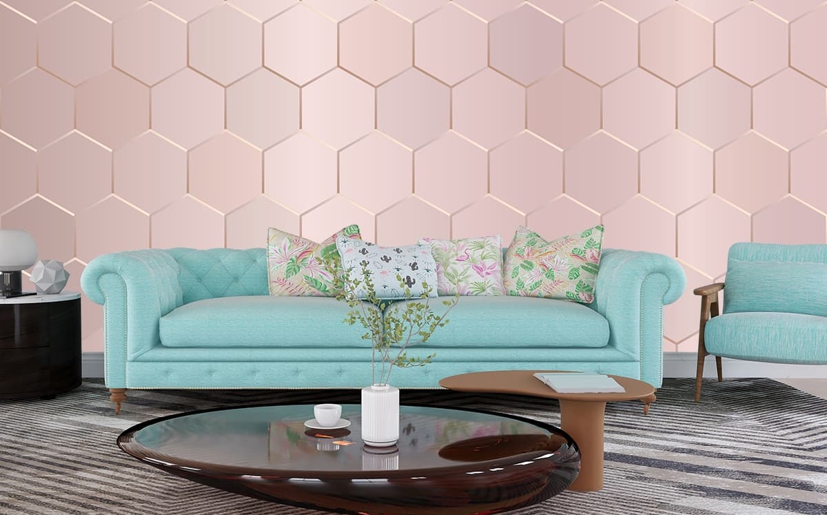 Modern Pink and White Hexagon Grid Wall Wallpaper shown in a room
