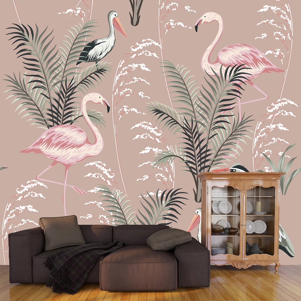 Blush Tropical Flamingo Wallpaper shown in a room