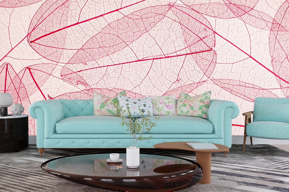 A Wallpaper Mural of Pink Leaves shown in a room