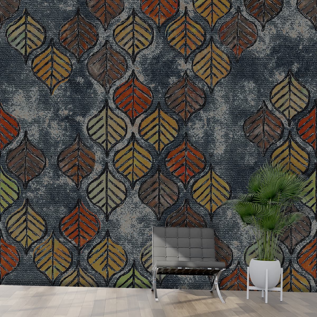 Grey Surface Leaf Texture Pattern Wallpaper shown in a room