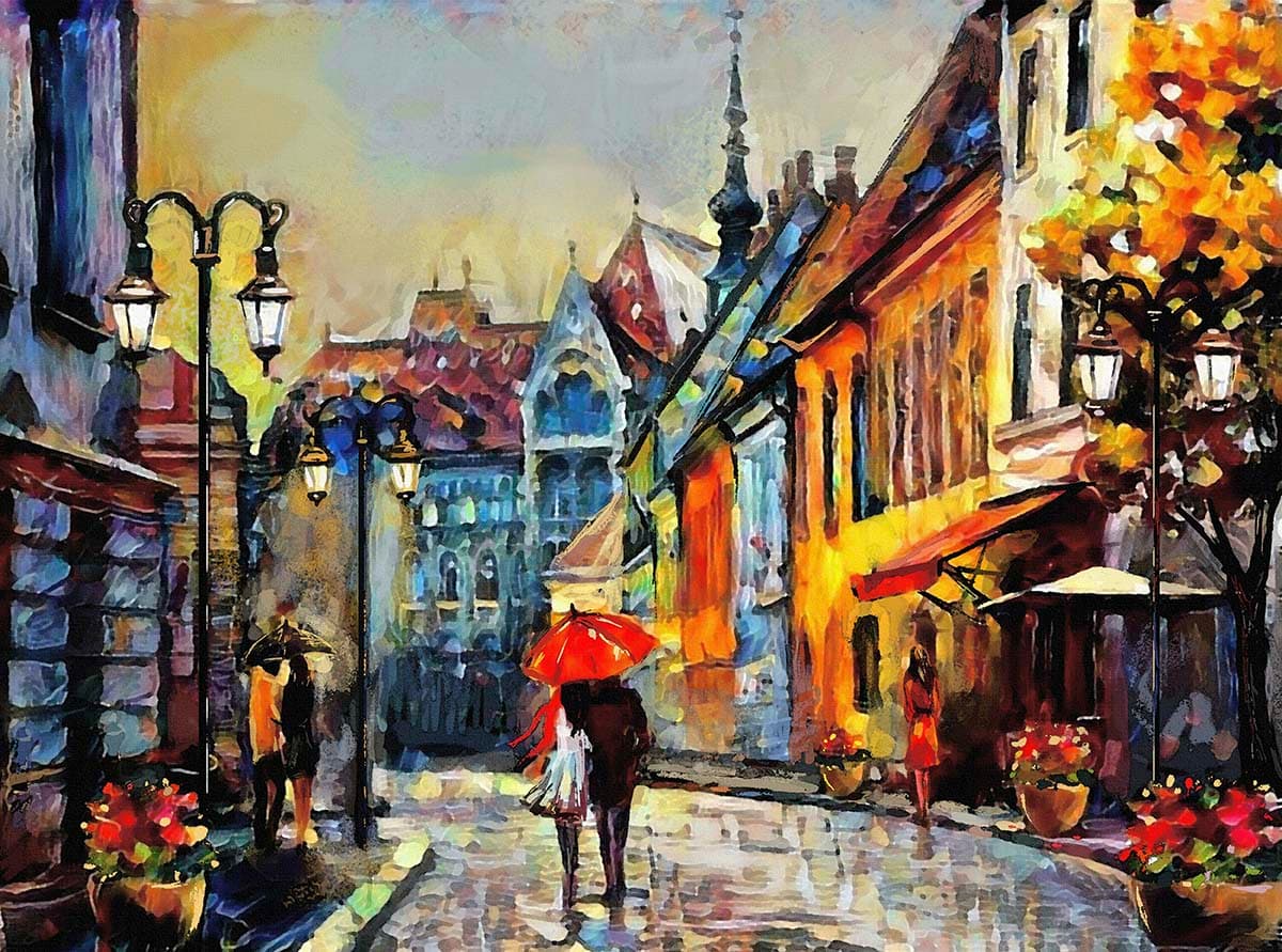 Rainy Street with Umbrellas Painting Urban Scene wallpaper pattern detail