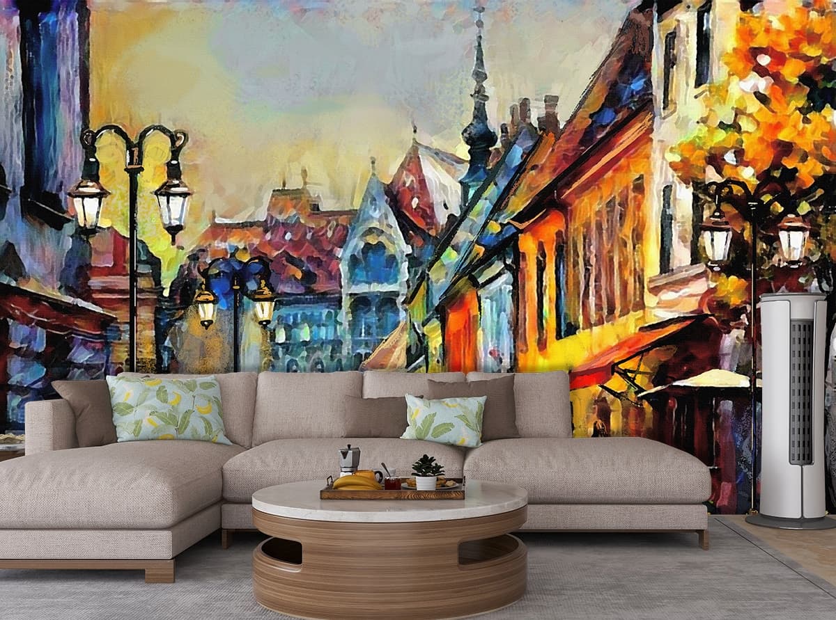 Rainy Street with Umbrellas Painting Urban Scene wallpaper shown in a room