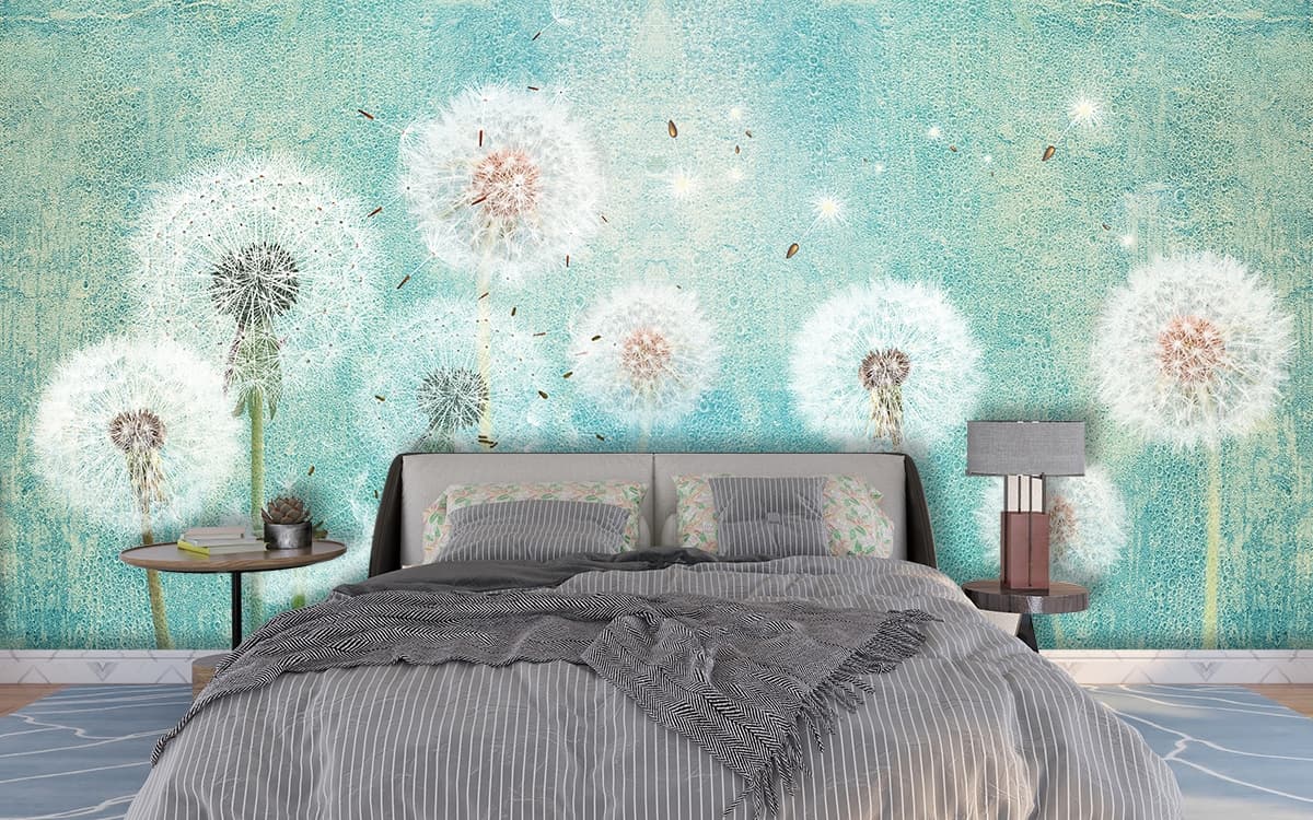 Premium Blue Background with Dandelion Art Wallpaper shown in a room