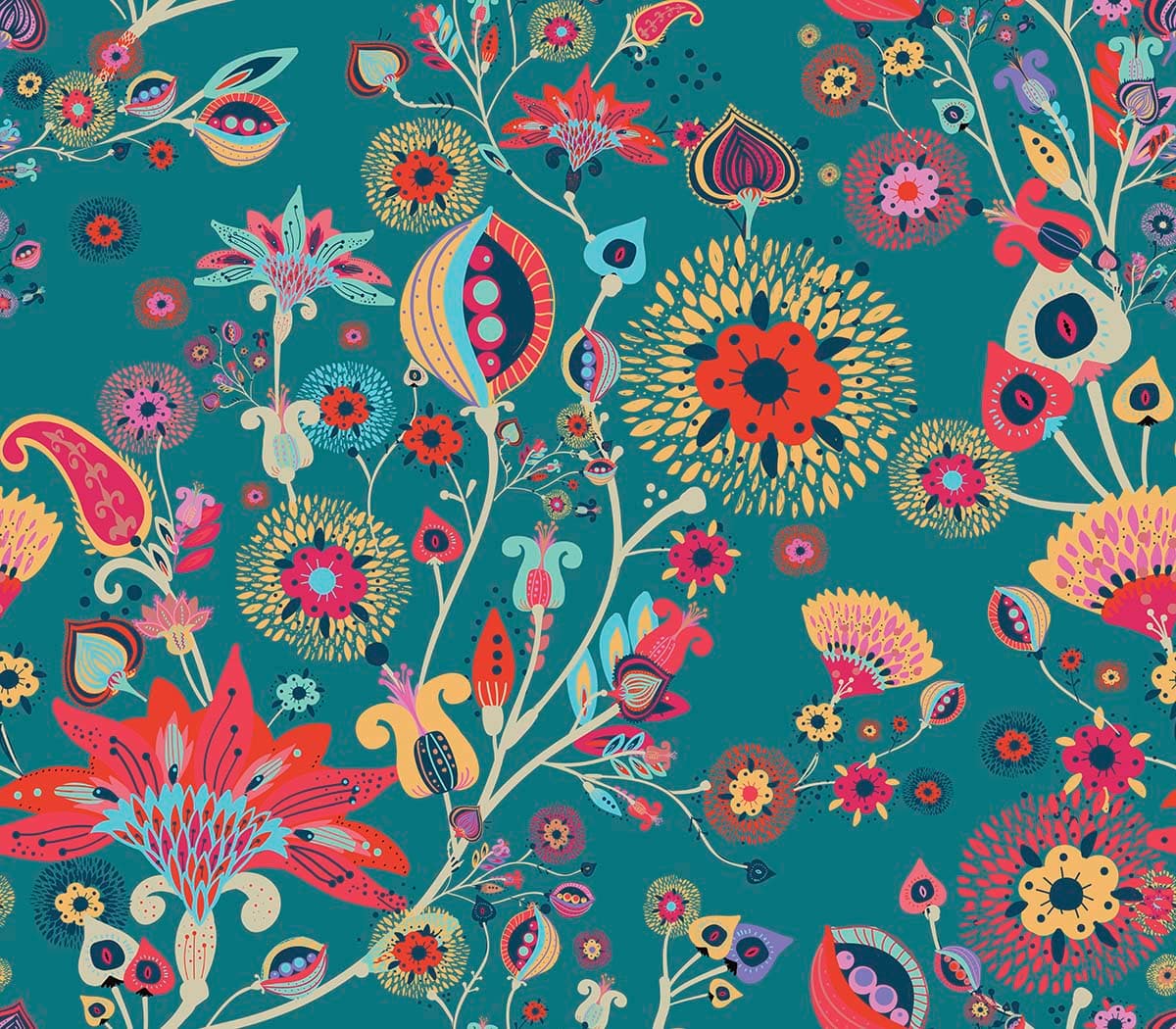 A colorful floral pattern on a teal background pattern detail