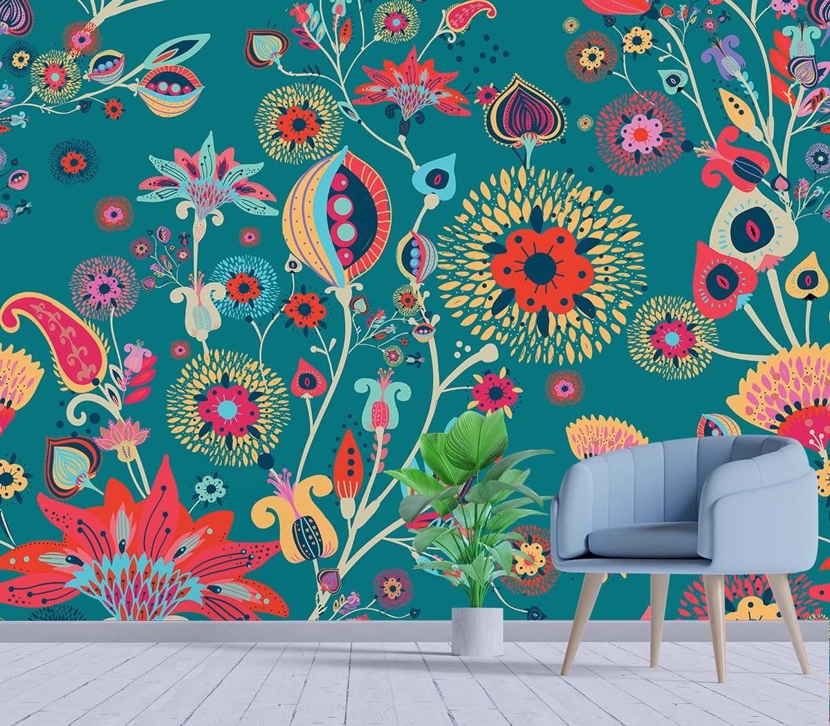 A colorful floral pattern on a teal background shown in a room