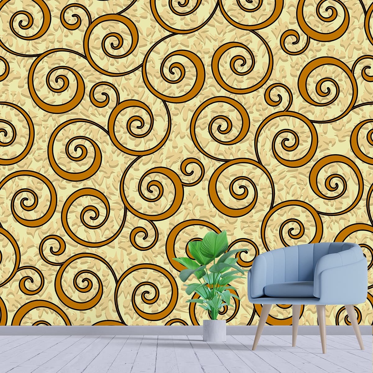 Elegant Curved Spiral Yellow Theme Wall Wallpaper shown in a room