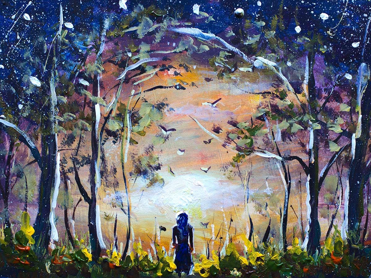 Woman Standing in Forest Nature Painting Wallpaper pattern detail