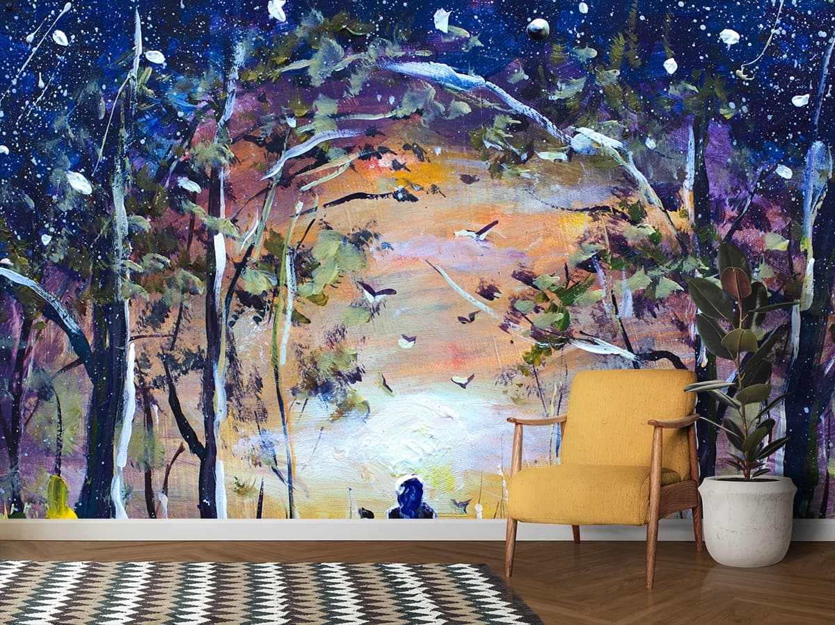 Woman Standing in Forest Nature Painting Wallpaper shown in a room