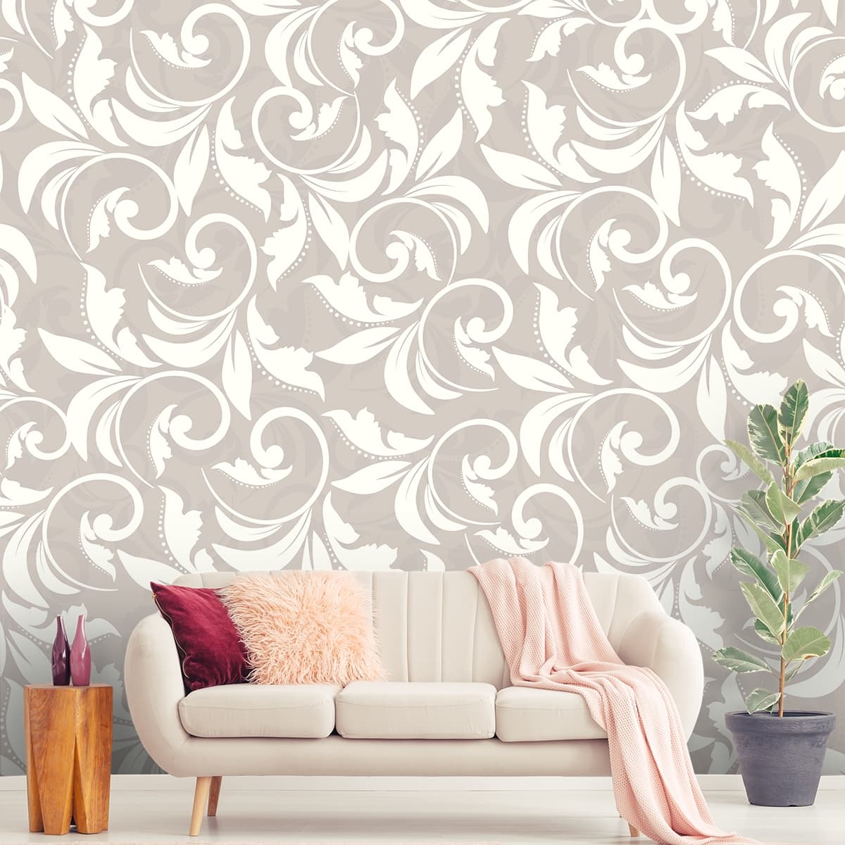 White and Gray Swirl Design for Modern Walls Wallpaper shown in a room