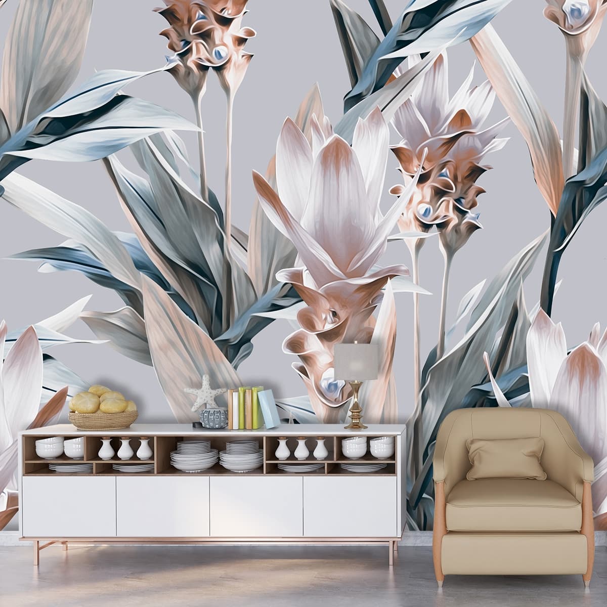 A Floral Pattern with Flowers and Leaves shown in a room