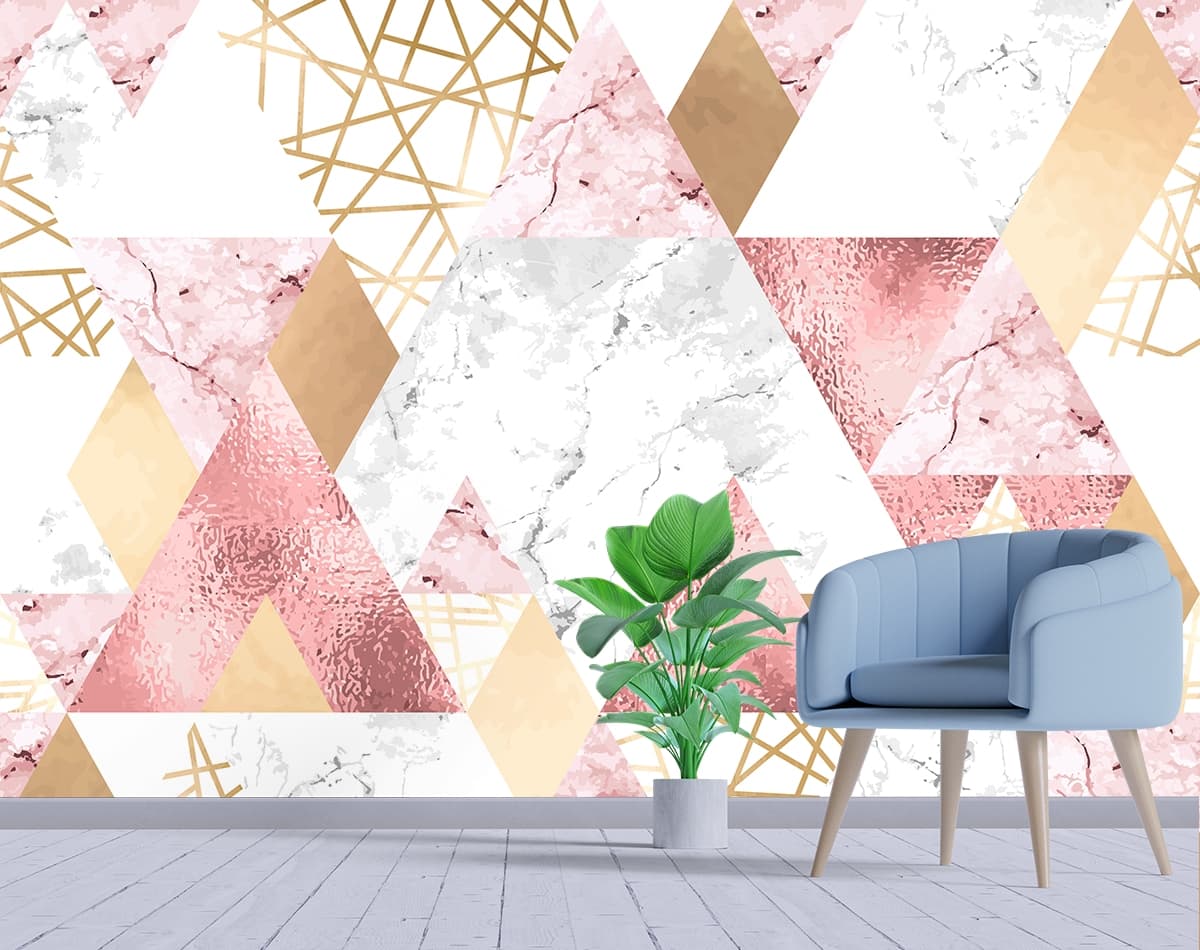 A pattern of triangles and gold foil shown in a room