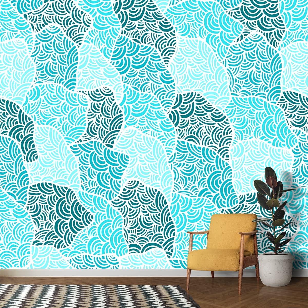 Simple Blue White Waves Design for Room Wallpaper shown in a room