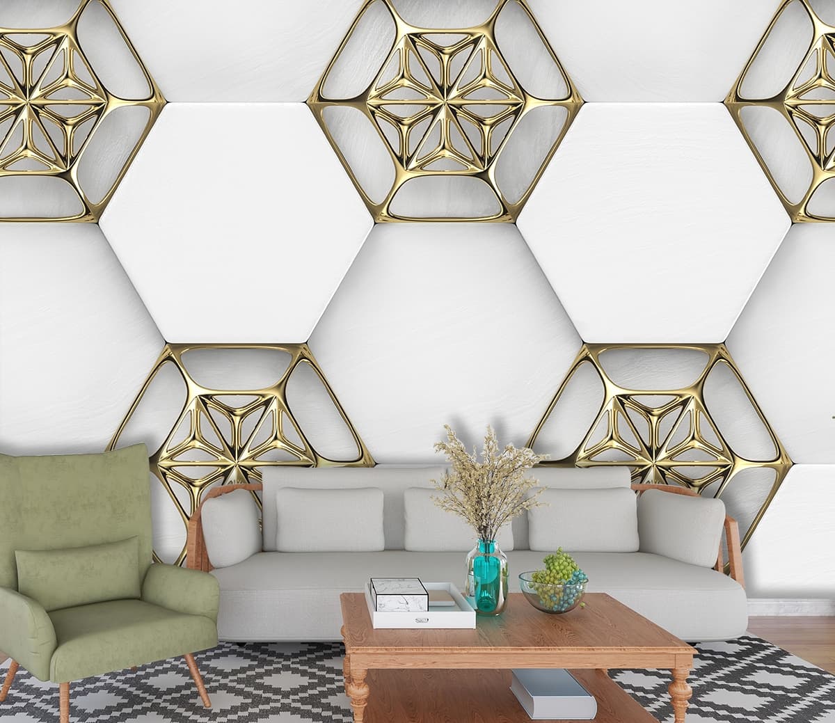 White and Gold Hexagon Pattern Luxury Wall Mural Wallpaper shown in a room