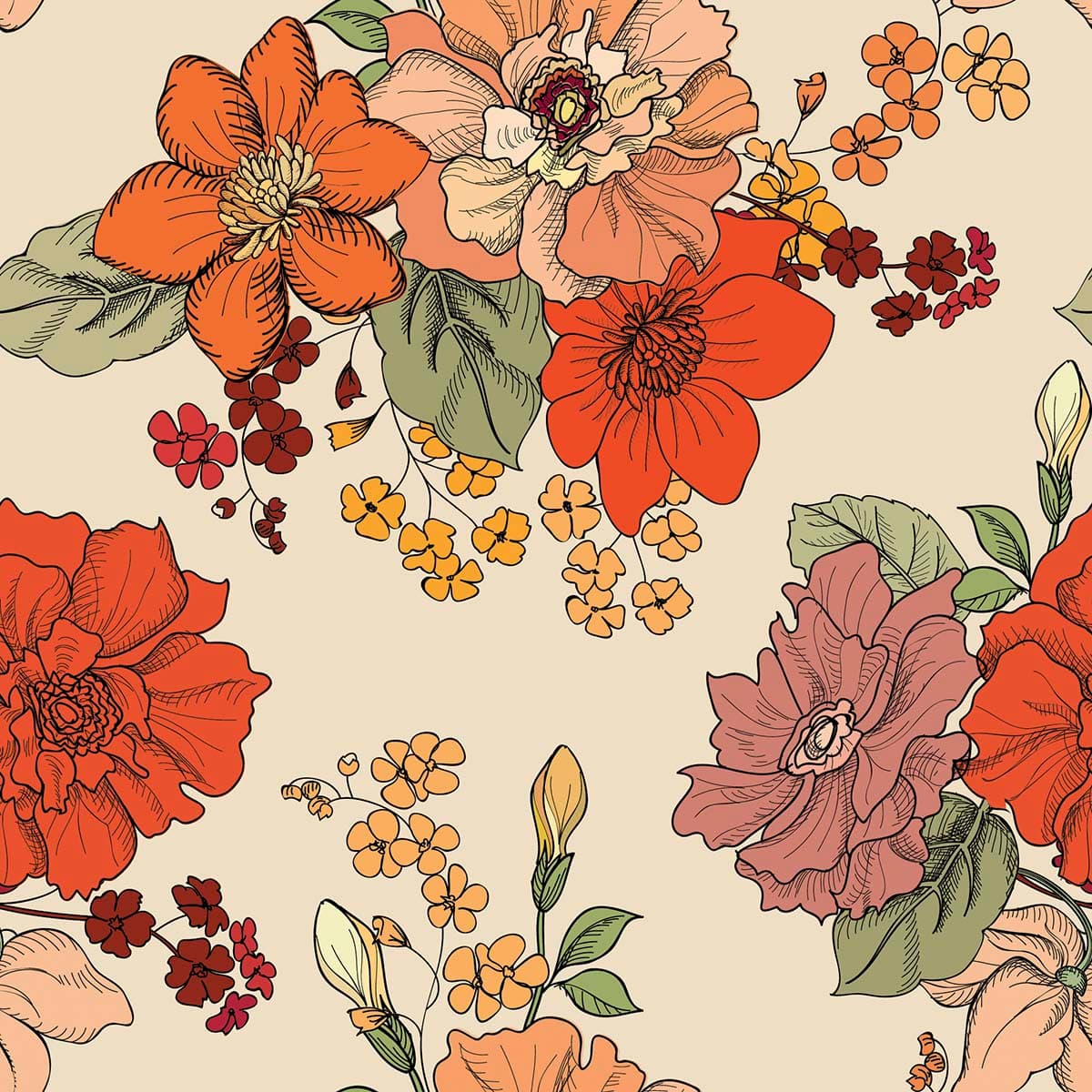 A Seamless Artistic Wallpaper Mural with Vintage Flowers pattern detail