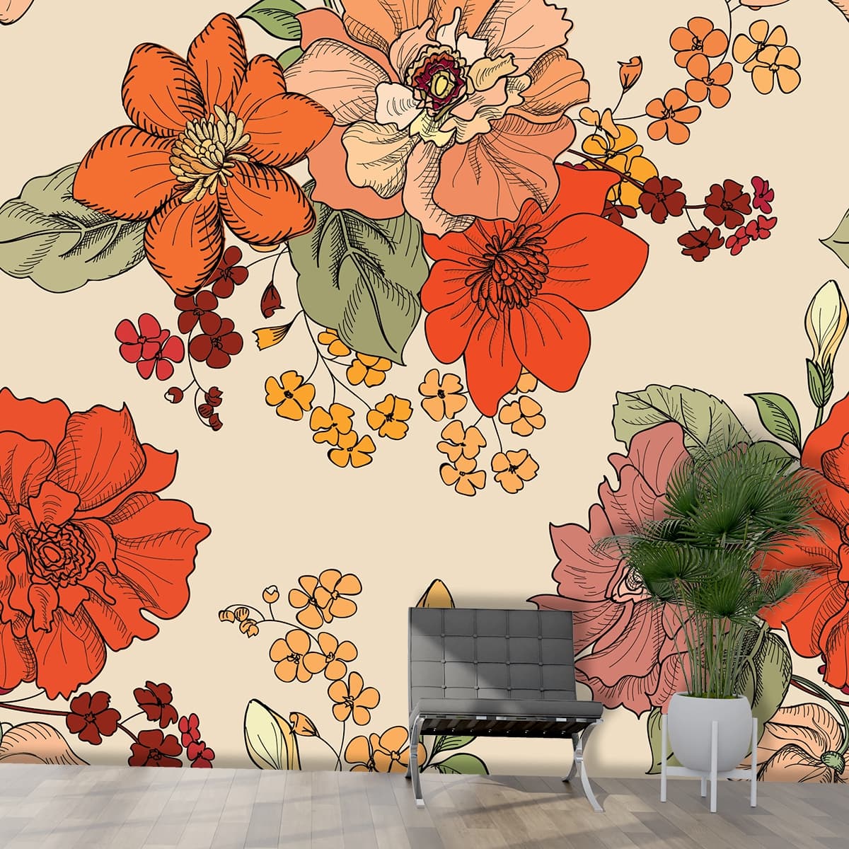 A Seamless Artistic Wallpaper Mural with Vintage Flowers shown in a room