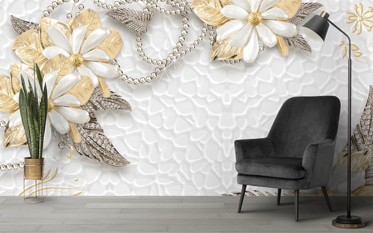 A White and Gold Floral Design Wallpaper shown in a room