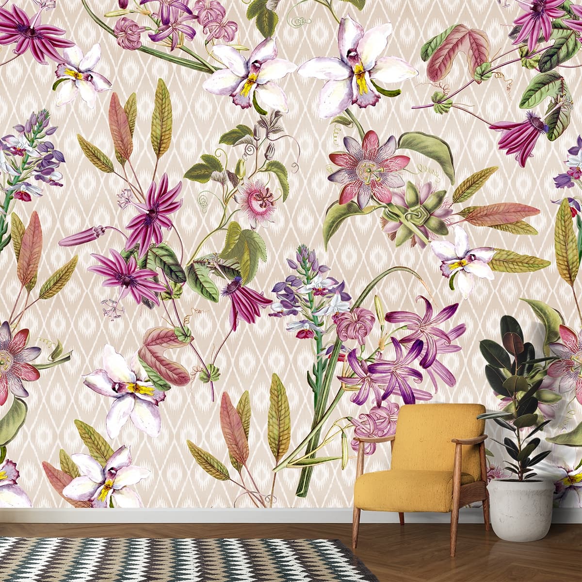 A Blossom Burst Bonanza Floral Wallpaper shown in a room