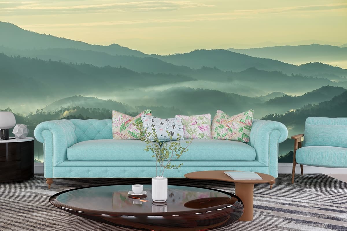 Foggy Landscape of Hills, Forest Wallpaper for Walls shown in a room