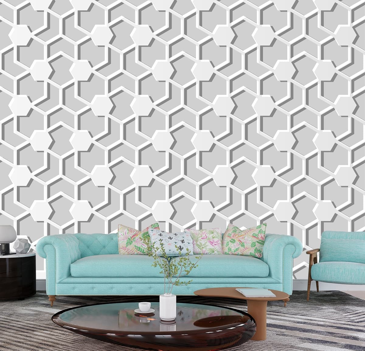 Contemporary White Hexagon Pattern Wallpaper shown in a room