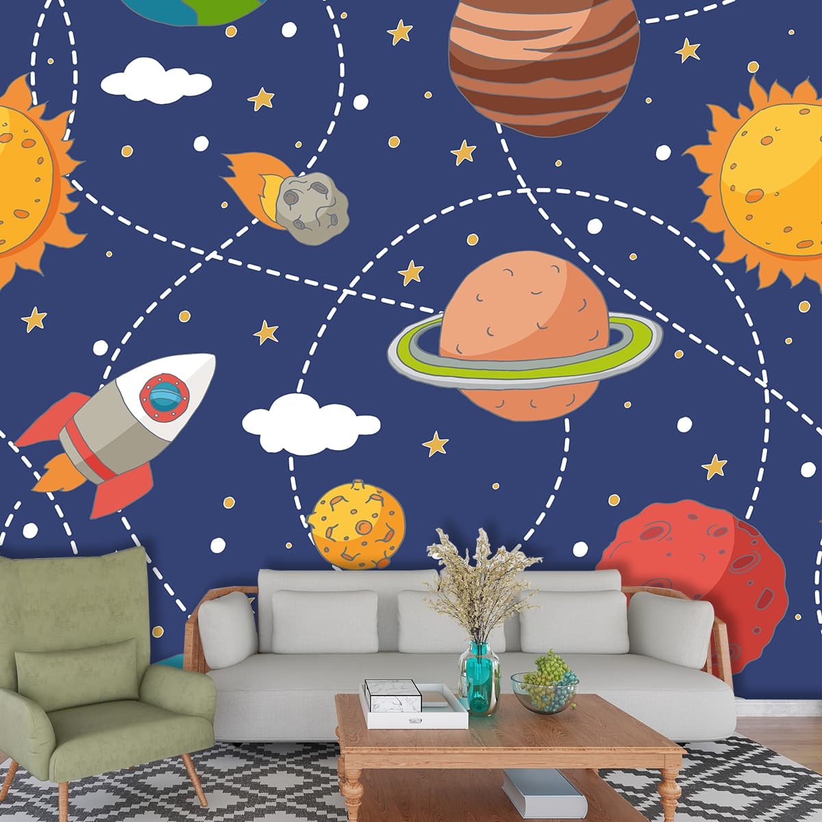 Orbiting Planets Nursery Mural shown in a room