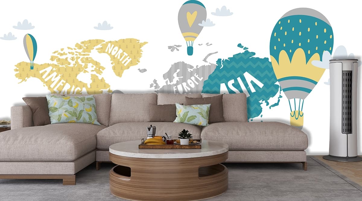 Modern World Map Kids Wallpaper shown in a room