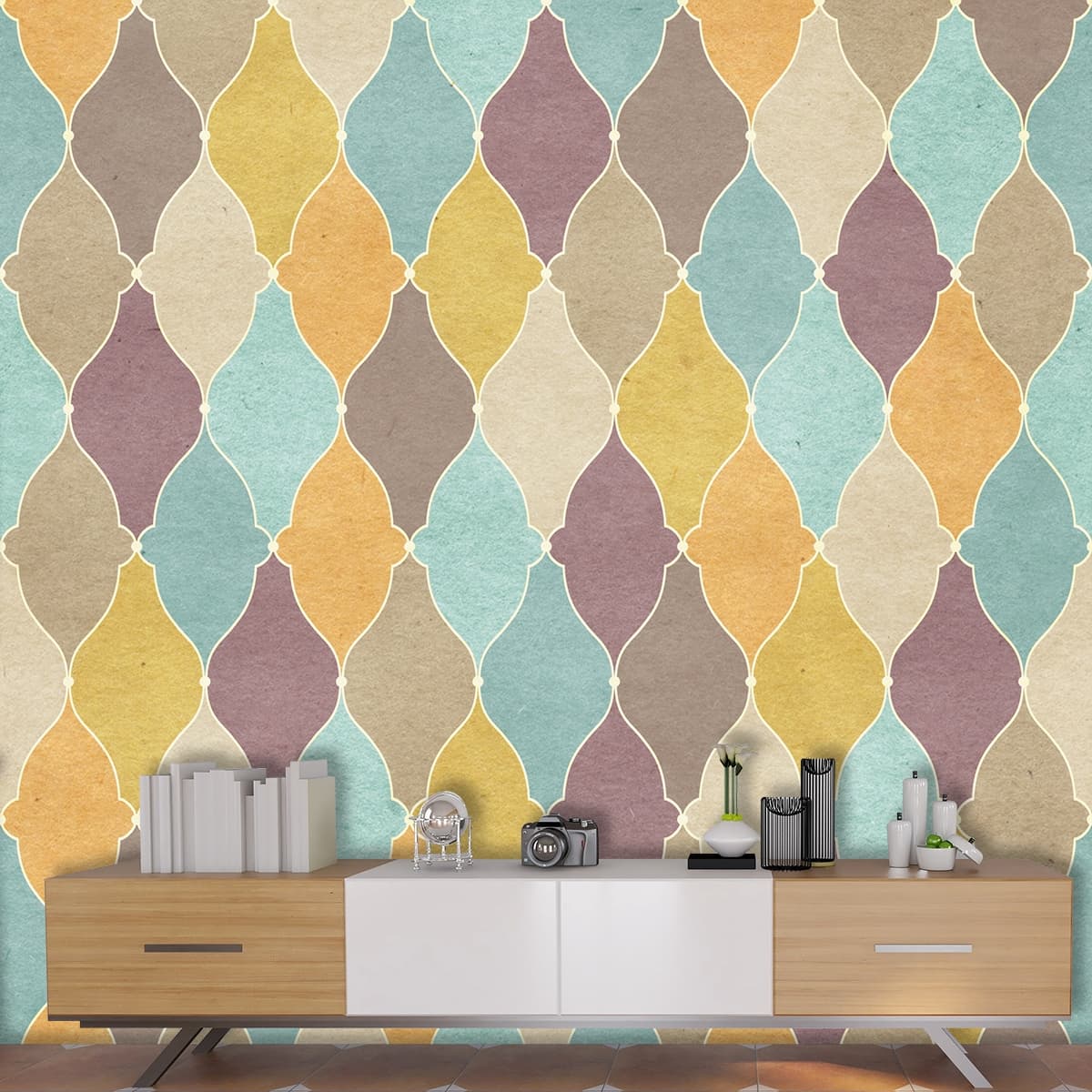 Bedroom Wallpaper With Pattern of Colorful Shapes shown in a room