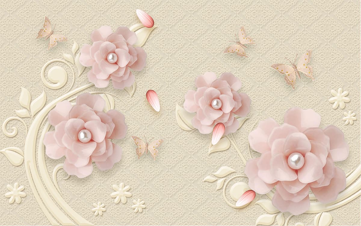 Nature-Inspired Flowers with Butterflies Wallpaper pattern detail