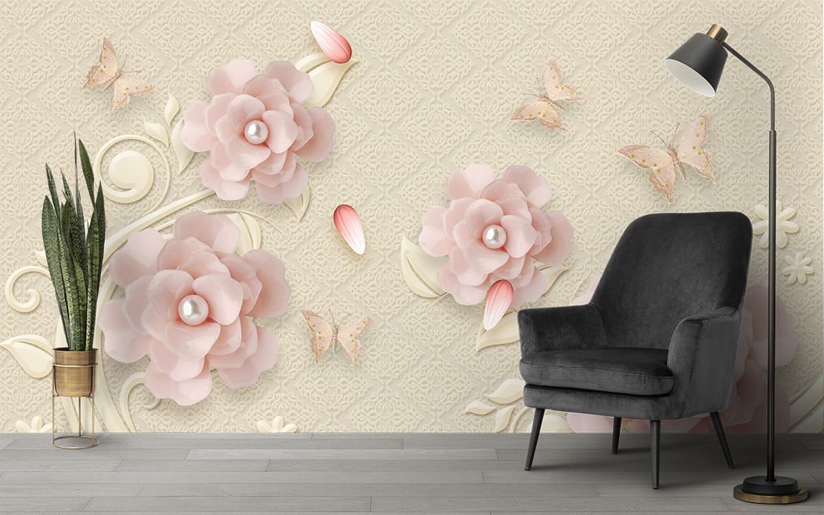 Nature-Inspired Flowers with Butterflies Wallpaper shown in a room