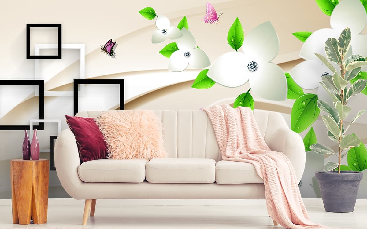 Aesthetic Floral and Butterfly Design Wallpaper shown in a room