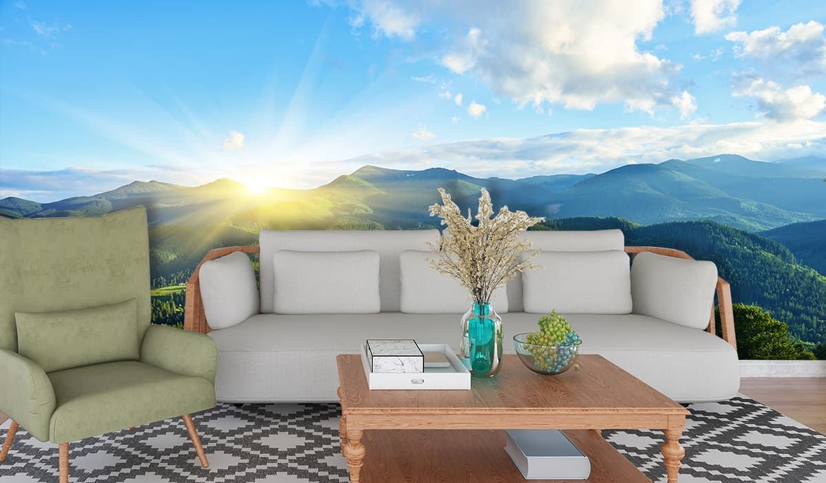 Mountain Wallpaper, Green hills with trees shown in a room