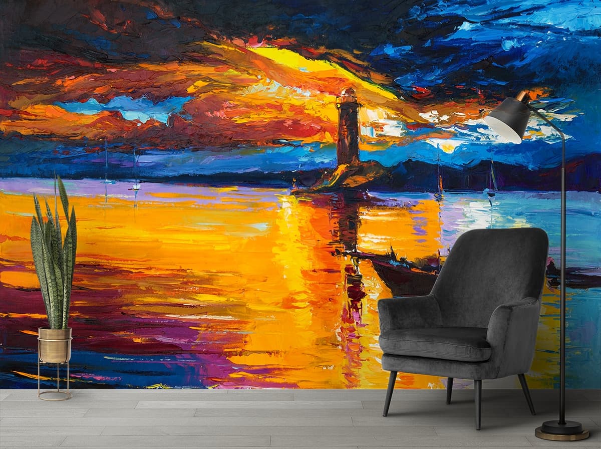 Artistic Lighthouse with Boat Ocean View Wallpaper shown in a room