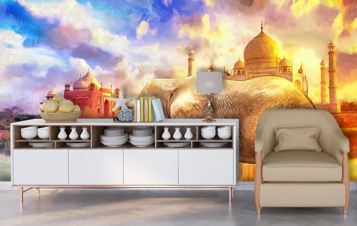 Artistic Elephant Water Scene Urban Style Wallpaper shown in a room