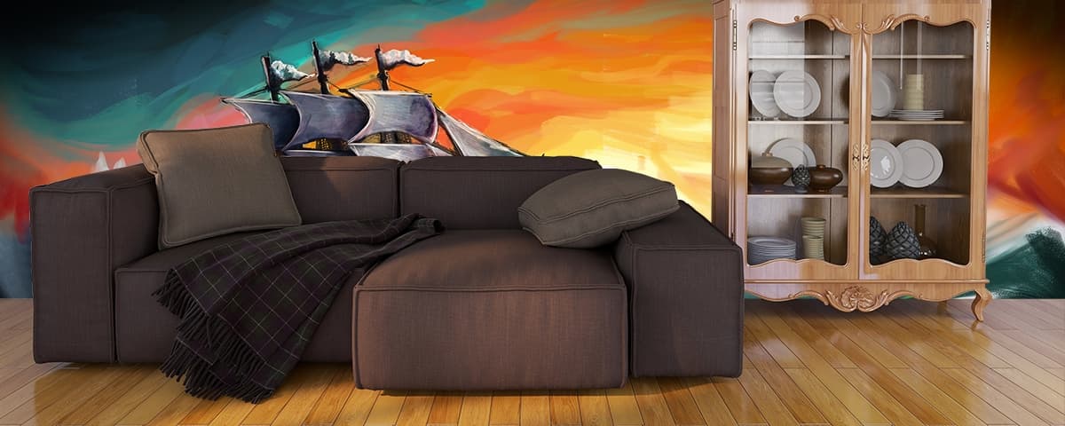 A ship in the ocean shown in a room