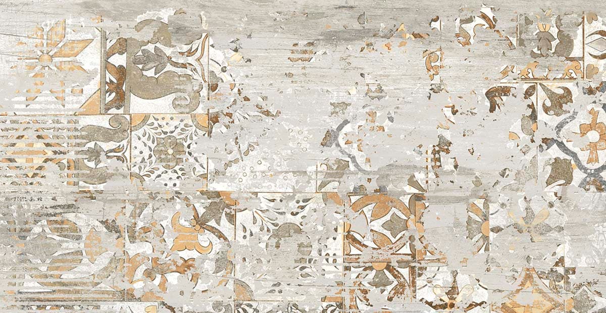A white and brown tile with floral designs pattern detail
