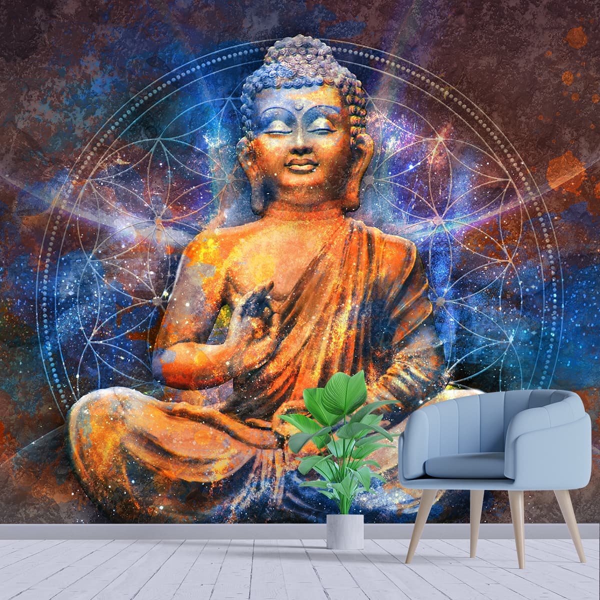 Artistic Spiritual Buddha Mandala Poster Style Wallpaper shown in a room
