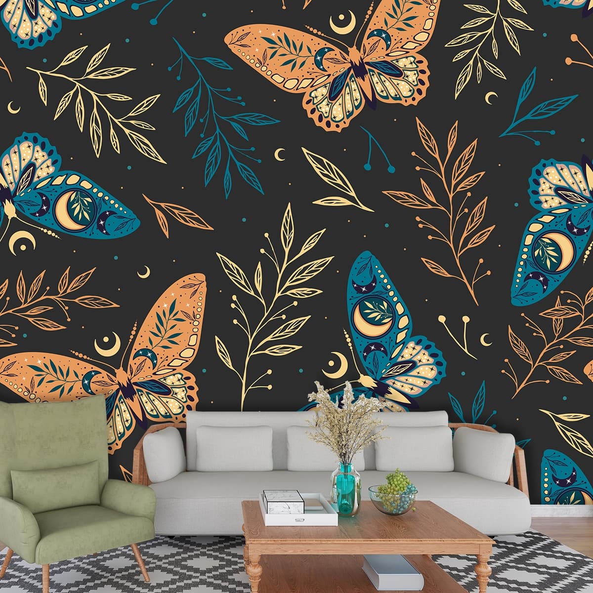 Midnight Butterfly Garden Wallpaper shown in a room