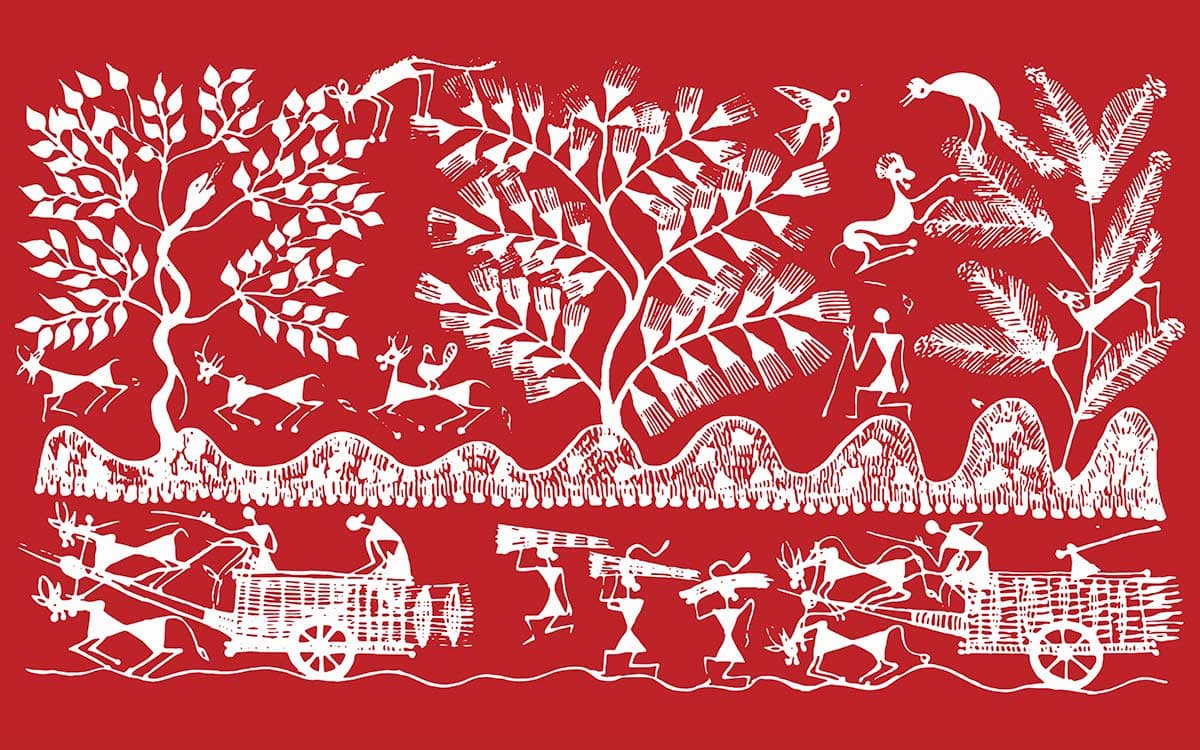 Red and White Abstract People Wall Mural Wallpaper pattern detail