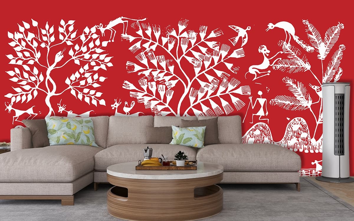 Red and White Abstract People Wall Mural Wallpaper shown in a room
