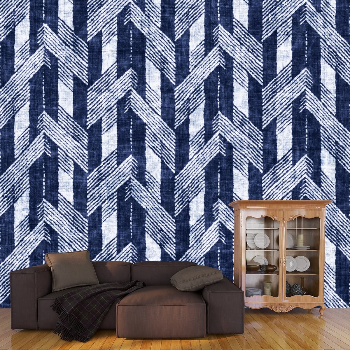 Blue and White Fabric Pattern Wallpaper for Walls shown in a room
