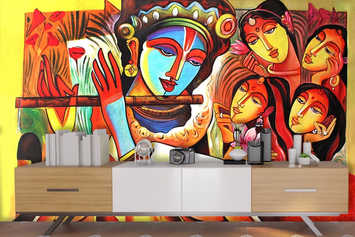 Krishna Gopika Wallpaper shown in a room