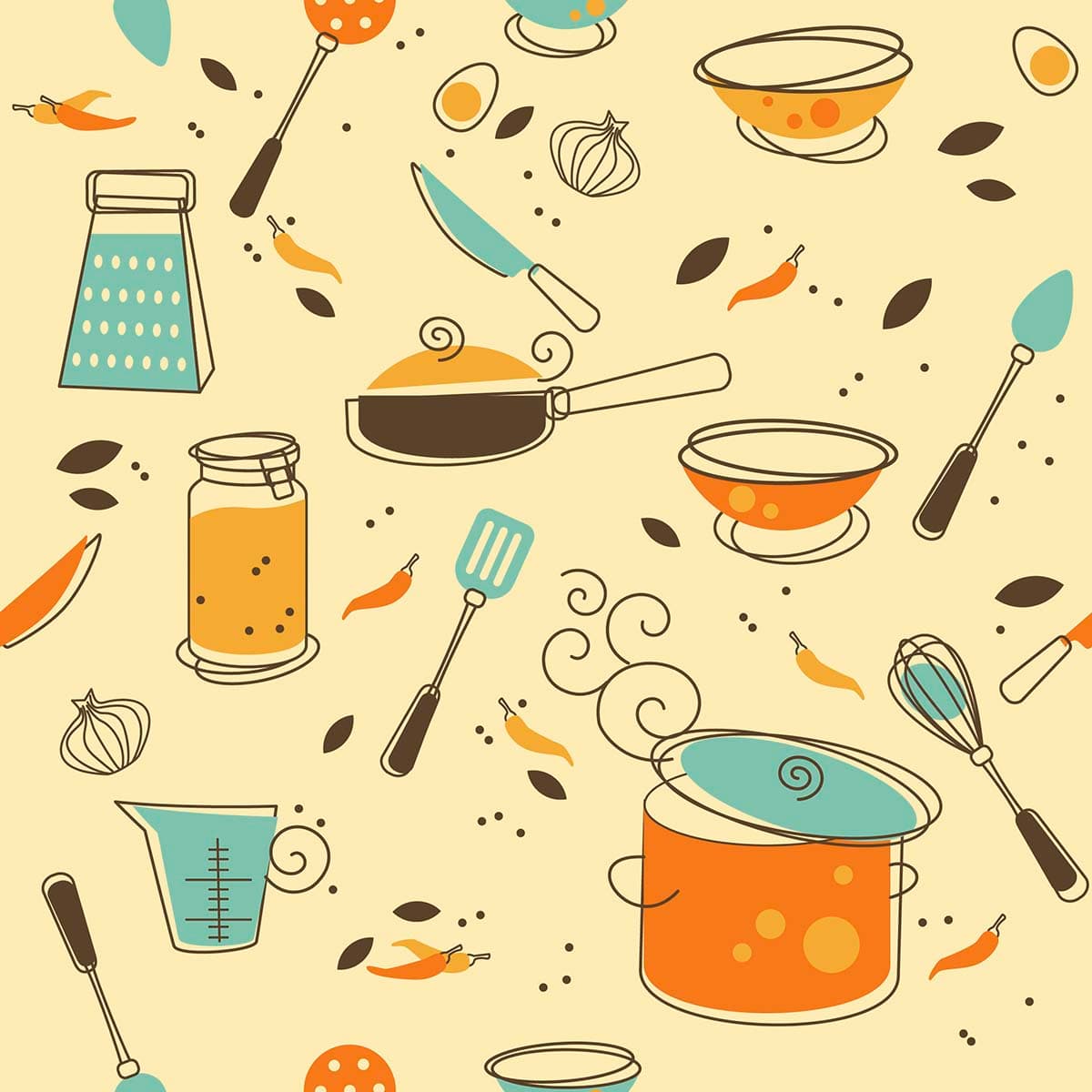 Stylish Kitchen Utensils and Pots Pattern for Contemporary Spaces Wallpaper pattern detail