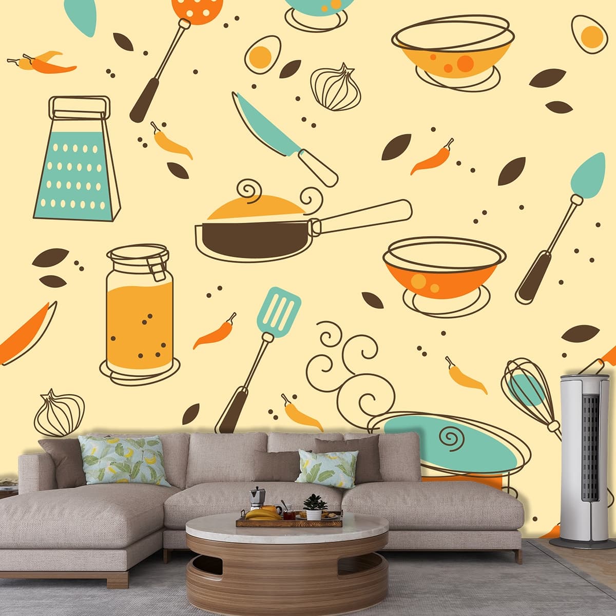 Stylish Kitchen Utensils and Pots Pattern for Contemporary Spaces Wallpaper shown in a room