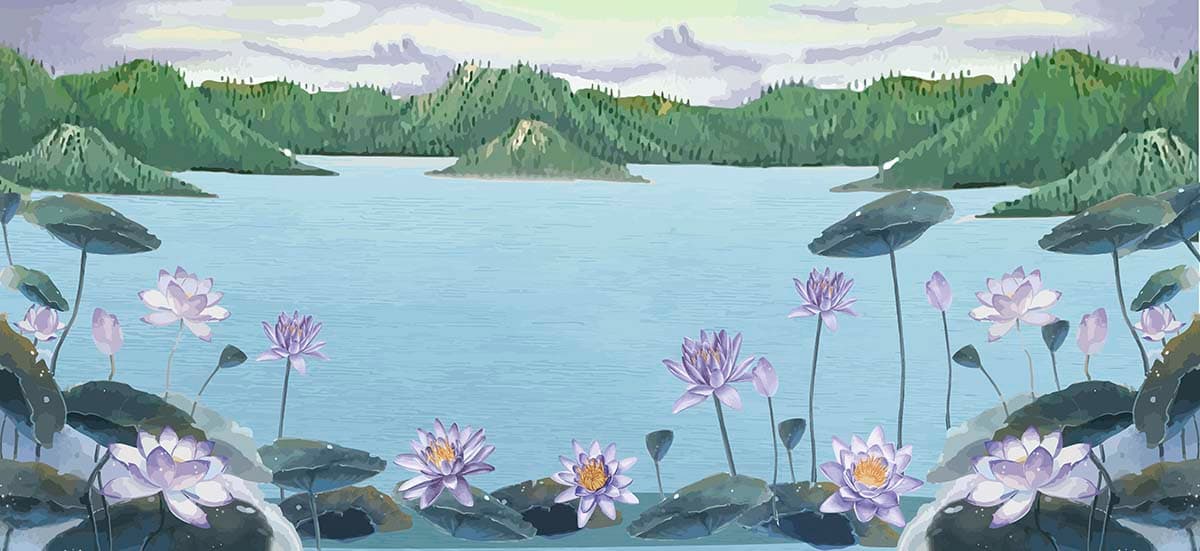 Peaceful Purple Flowers and Mountain Water Scene Wallpaper pattern detail