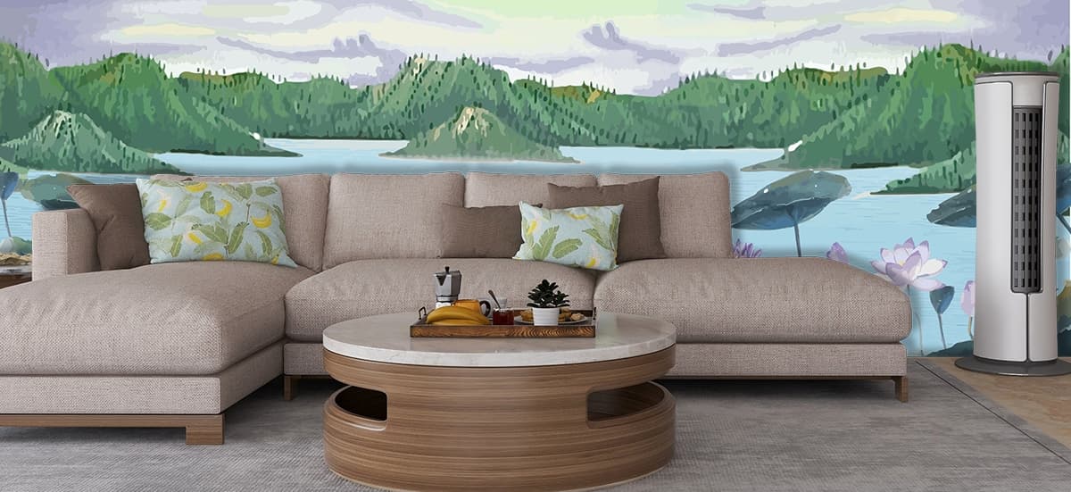 Peaceful Purple Flowers and Mountain Water Scene Wallpaper shown in a room