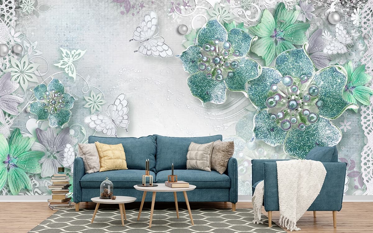 Elegant Soft Pastel Floral and Butterfly Design Wallpaper shown in a room