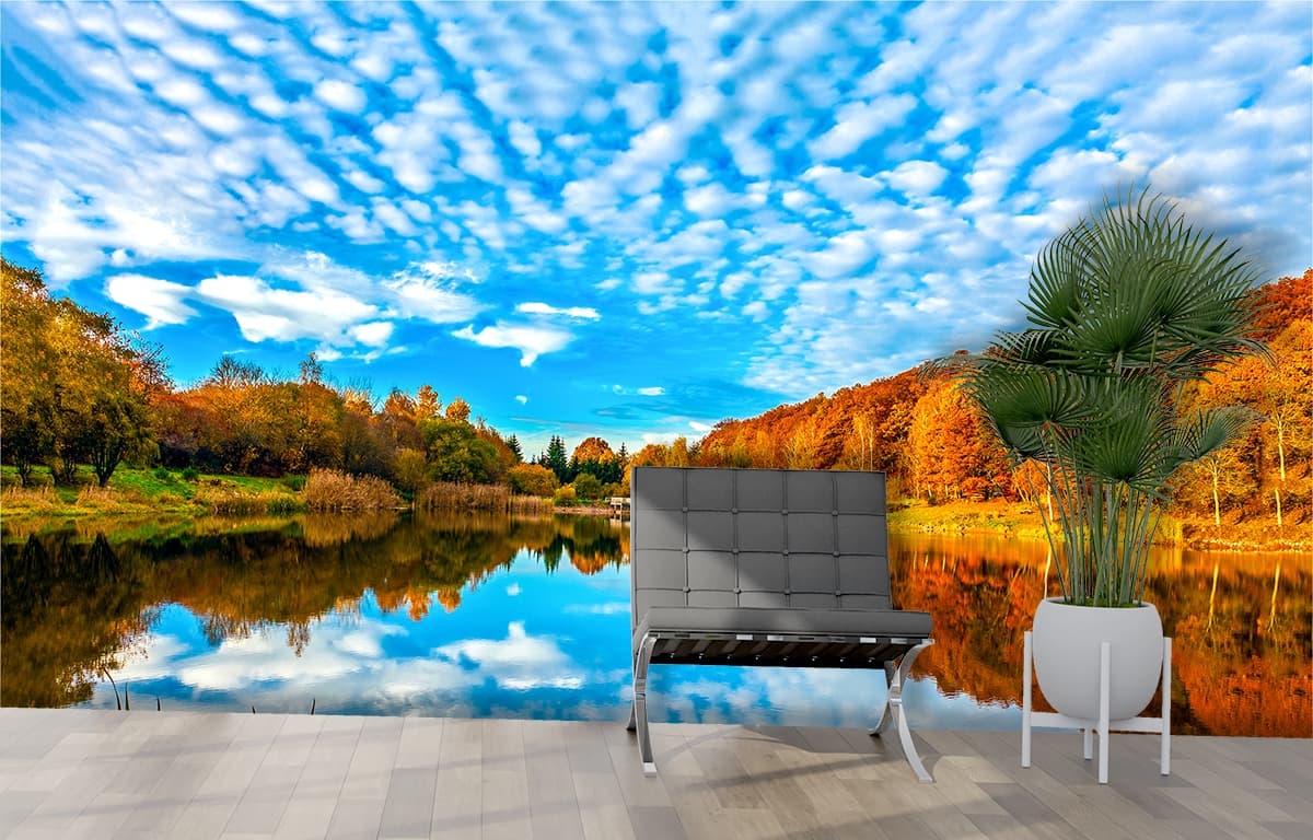 Modern Lake View with Clouds Nature Art Wallpaper shown in a room